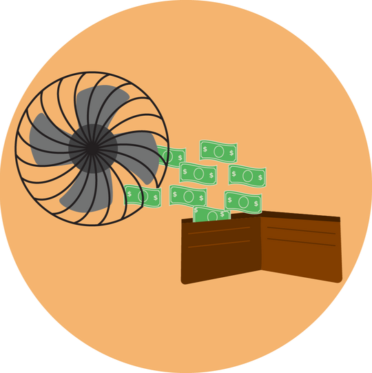 Fan blowing money into a wallet